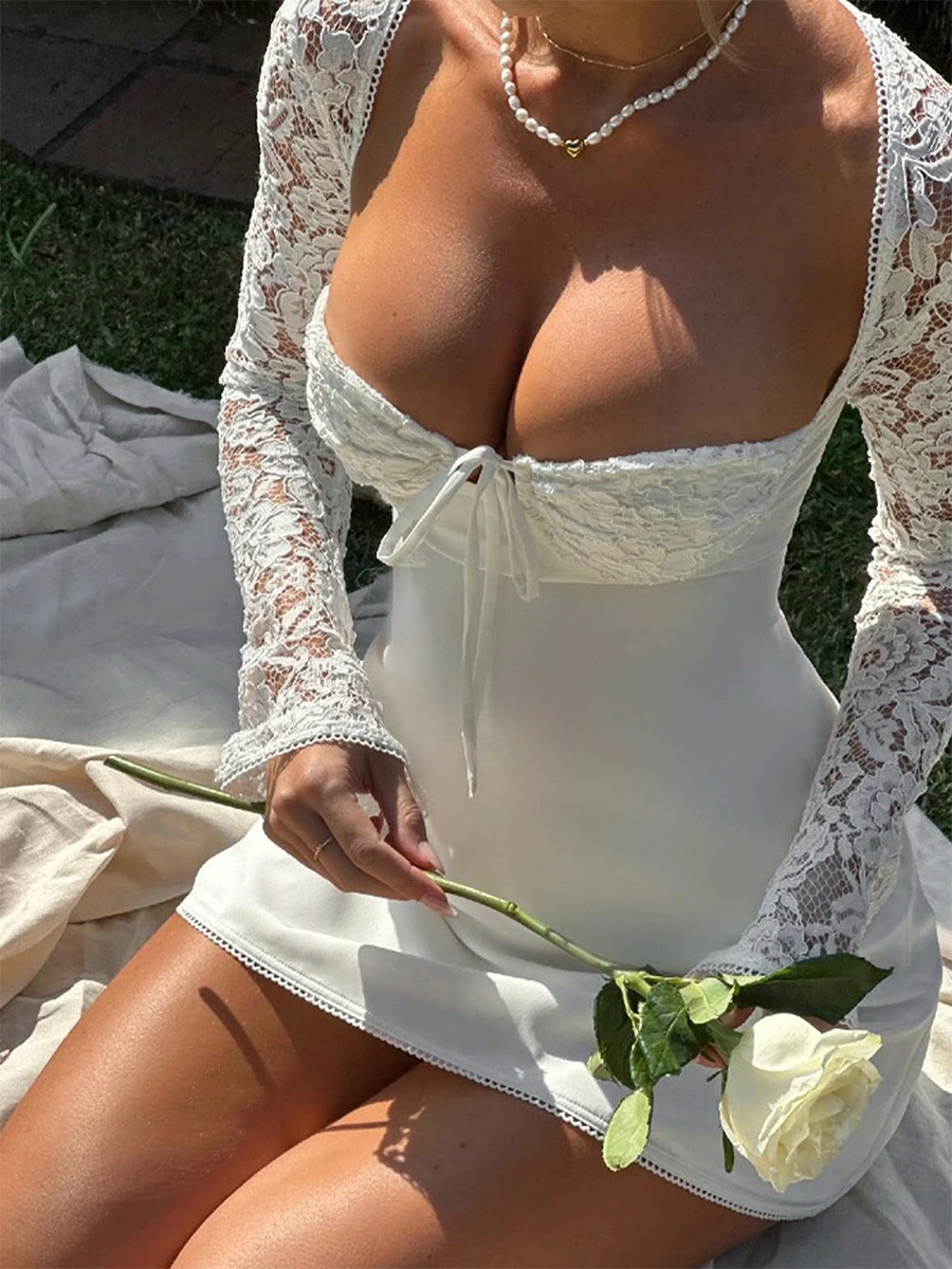 Damska mini sukienka z długim rękawem Casual Lace Patchwork Tie up Backless A-Line Party Dress for Cocktail Streetwear