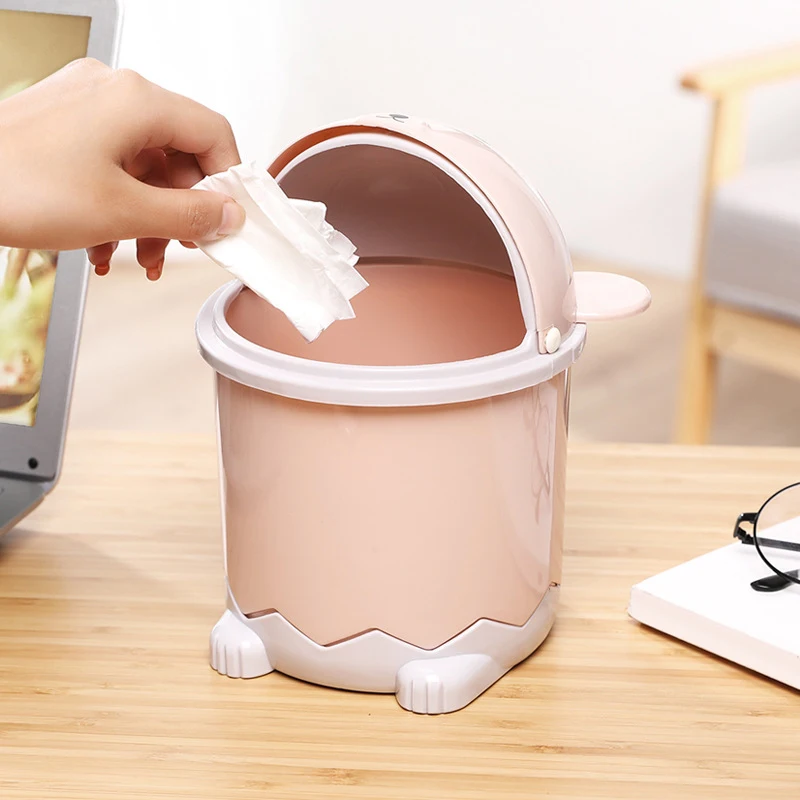 Desktop Trash Can Mini Cute Plastic Panda Flip-top Paper Basket Storage Bucket With Lid Table Debris Bucket Home Clean Dustbin