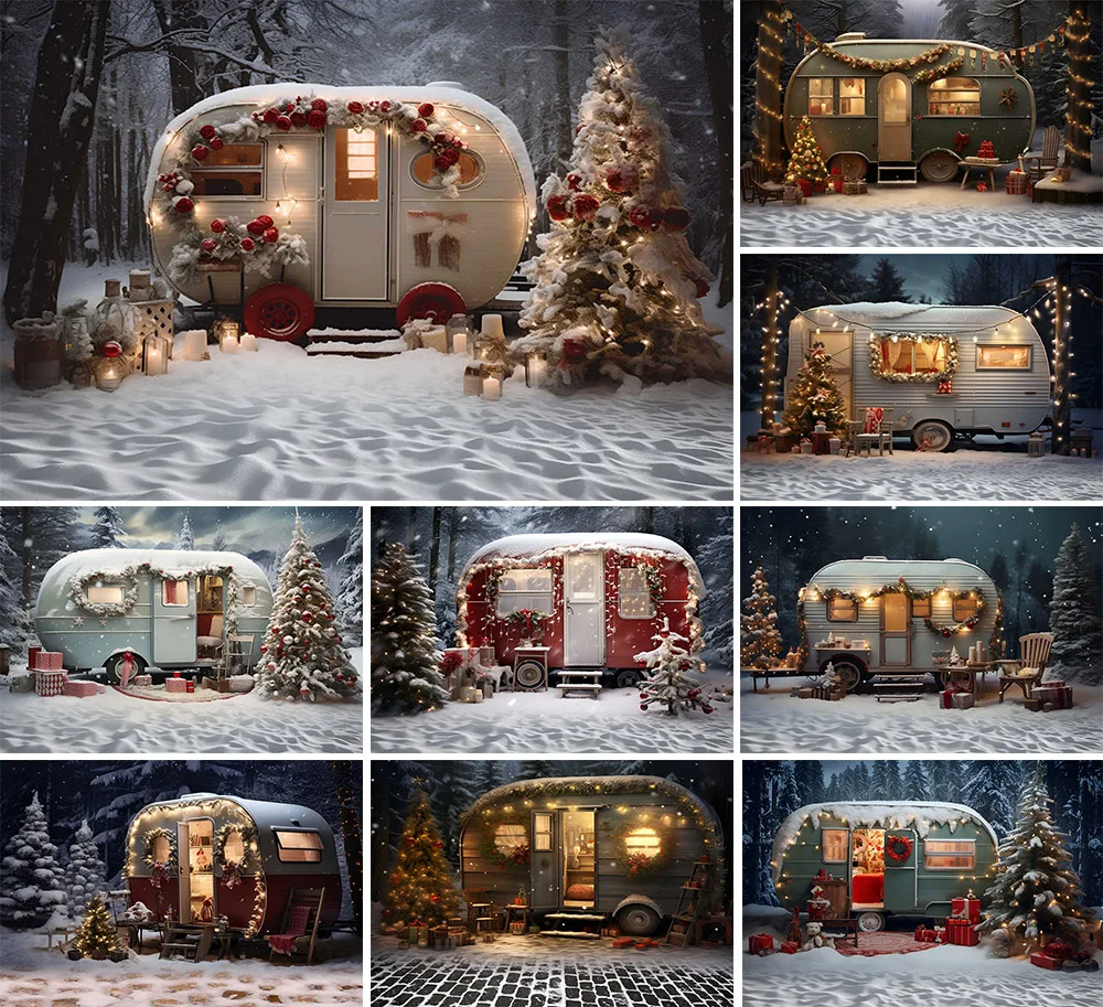 Mehofond-Fondo de fotografía para niños, decoración de retrato familiar de invierno, coche de Navidad, Camping, bosque, árboles de Navidad, estudio