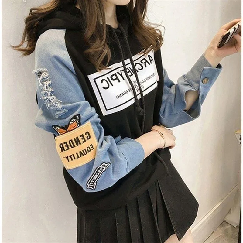 

Autumn New Hole Long Sleeve Drawstring Splice Hooded Pullovers 2021 Harajuku Female Sweatshirt Women Letter Print Patch Hoodies