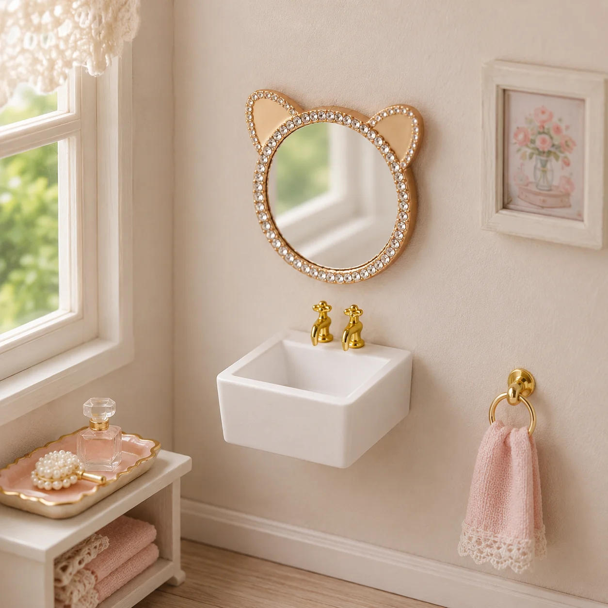 1/12 Scale Bear Square Rhinestone Mirror Gold Faucet Mini Bathroom Sink Set for Dollhouse Decorative Wash Basin Miniature Access