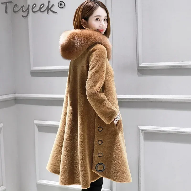 Tcyeek 100% เสื้อขนสัตว์แฟชั่นแกะShearlingเสื้อแจ็คเก็ตฤดูหนาวผู้หญิงWarm Fox Fur Collarความยาวกลางผู้หญิงเสื้อขนสัตว์