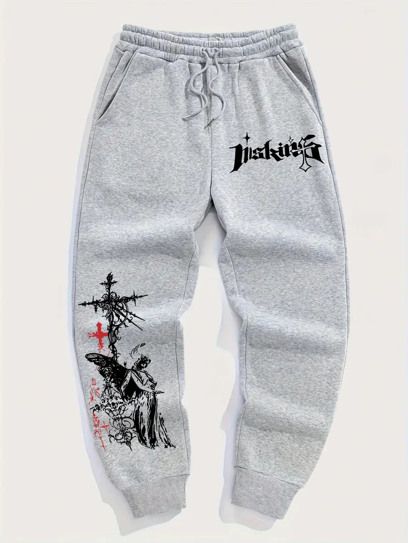 Men's Gothic Angel Cross Print Jogger Pants Y2K Streetwear Elastic Drawstring Waist Cuffed Sweatpants Hip Hop Casual Trousers
