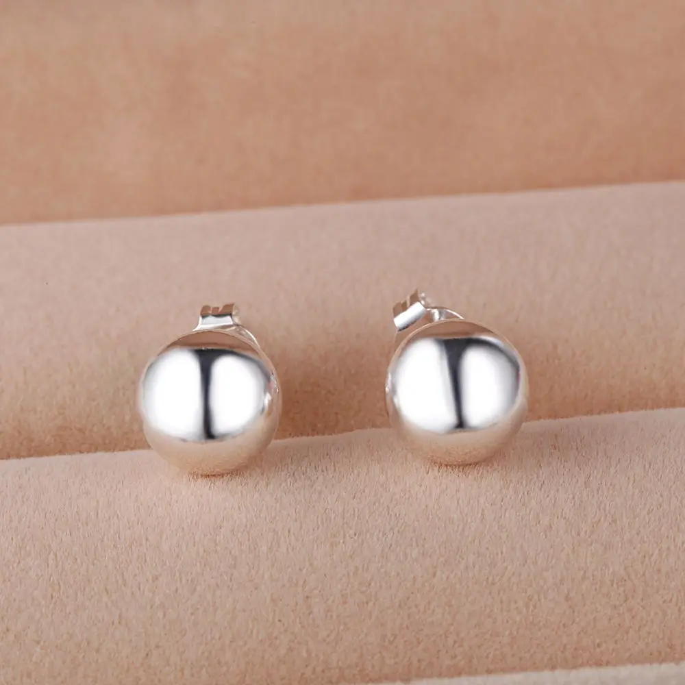 Classic 925 Sterling Silver 8mm 10MM Beads Studs Earrings For Women Fashion Elegant Christmas Gifts Wedding Party Jewelry
