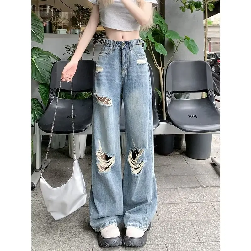 Y2K American Women Retro Straight Jeans with Holes Slim Waist Loose Wide-Leg Pants Fashion Stretch Design