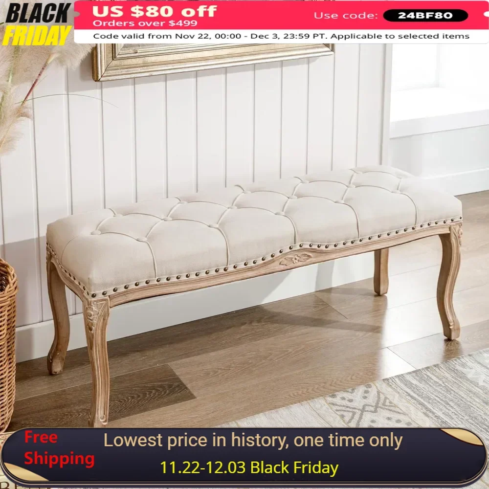 Bedroom Bench, French Vintage Tufted Entryway Bench, 45.2'' Carving Upholstered End of Bed Bench with Indoor Soft Stool