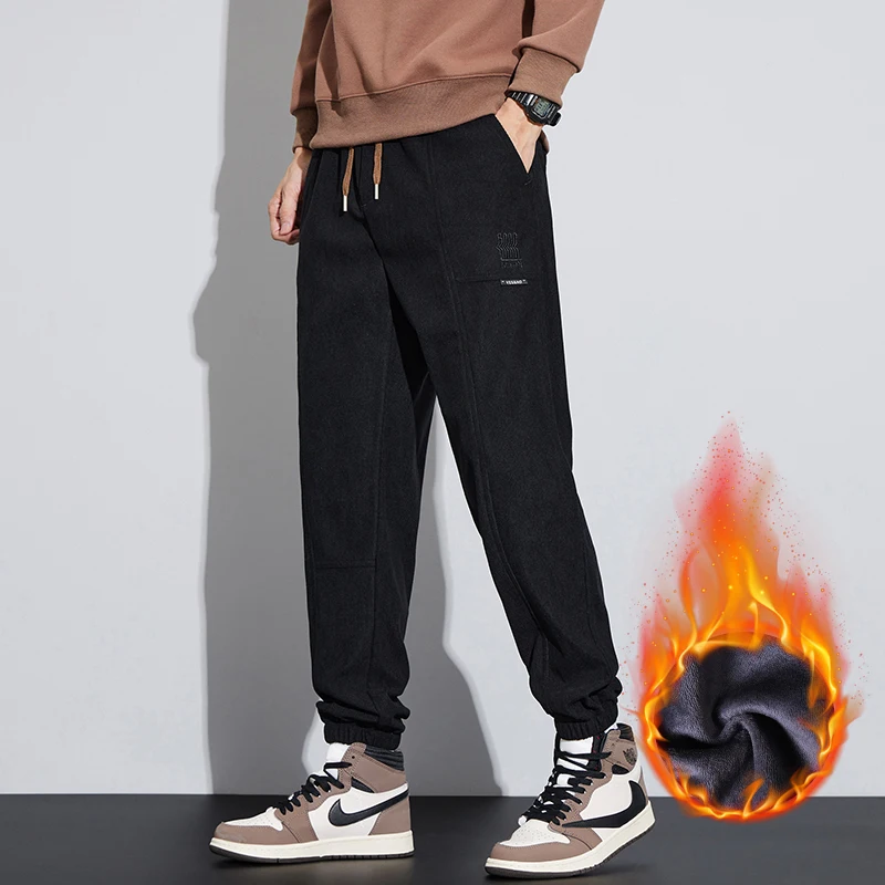 Men Corduroy Fleece Jogging Sweatpants Winter Warm Thicken Trendy Casual Pants Korean Leisure Trousers Bound Feet Male Pants