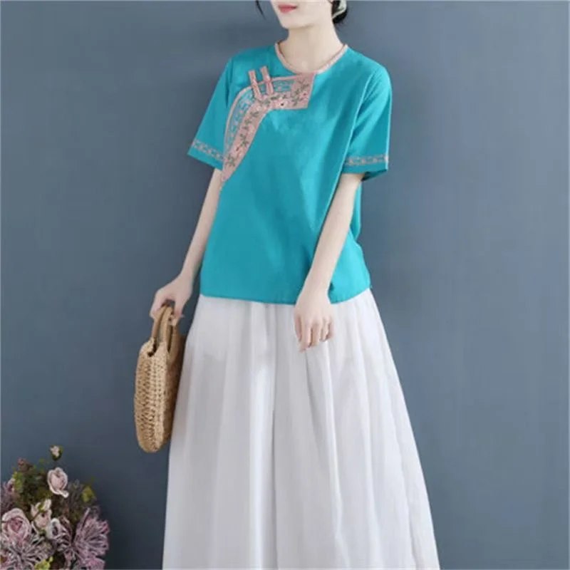 2025 春夏の女性のシャツ刺繍国家風レディトップス気質韓国語バージョンレディースコットンとリネンブラウス
