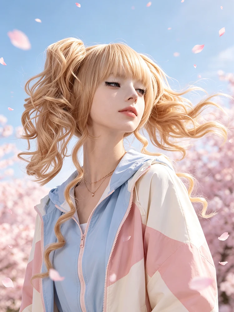 Synthetic 20 Inch Lolita Light Blonde Detachable Claw Clip Double Ponytail Curly Wig Halloween Cosplay Heat Resistant Fiber