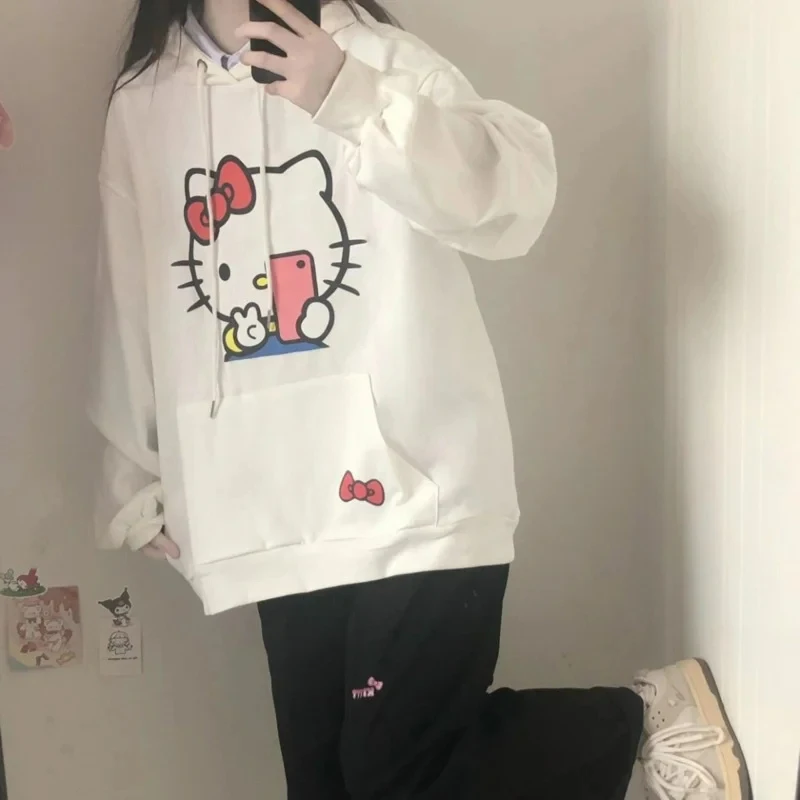 2024 Winter Women\'s Hoodies Fashion Japan Harajuku y2k Luxury Brand MINISO Sanrio Hello Kitty Pattern Warm Long Sleeve Hoodies