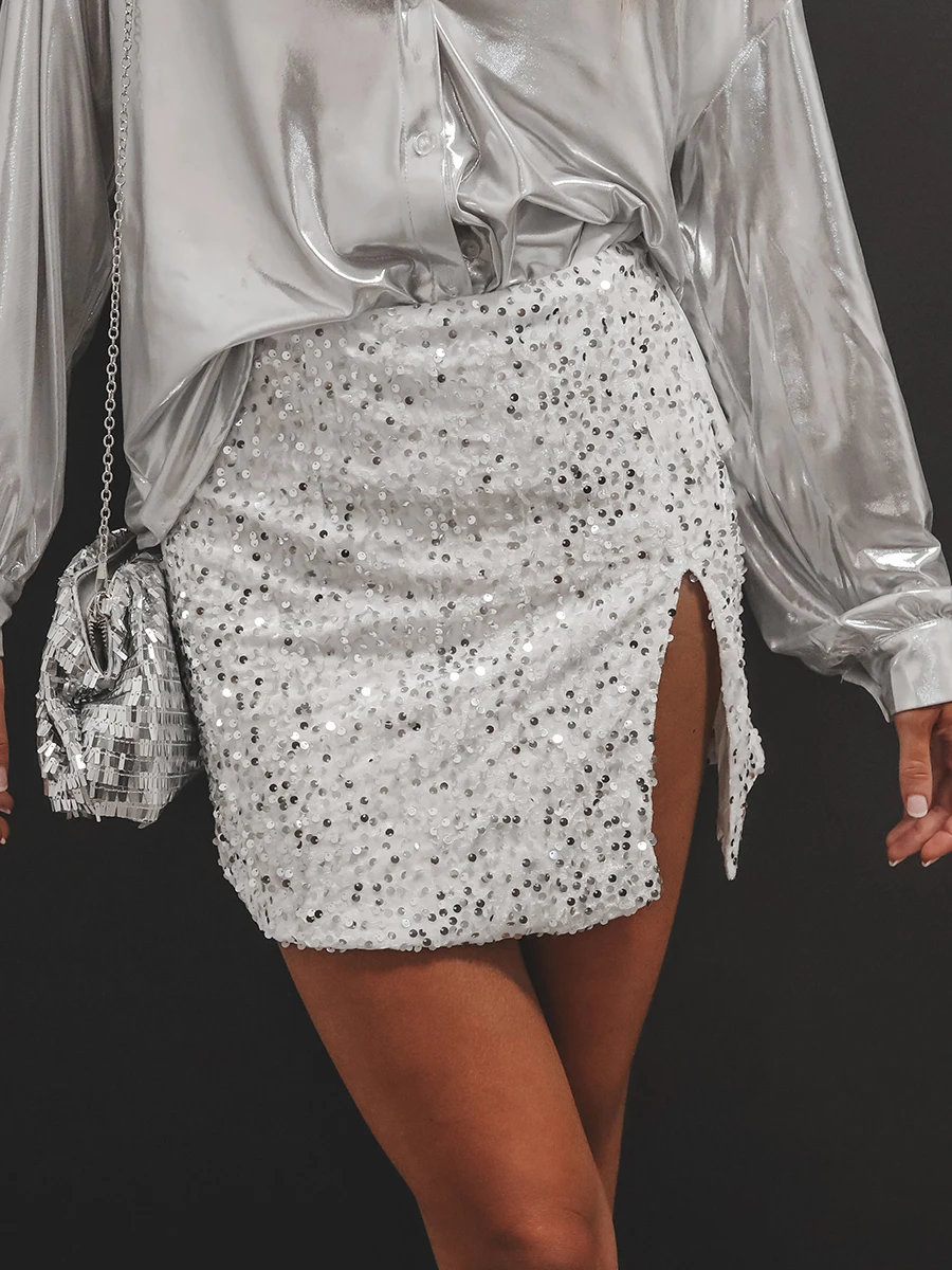 

Women's Trim Split Slit Mini Skirt Summer Gliter Sequin Hem Zipper High Waist Tight Bodycon Skirts for Spring Summer Streetwear