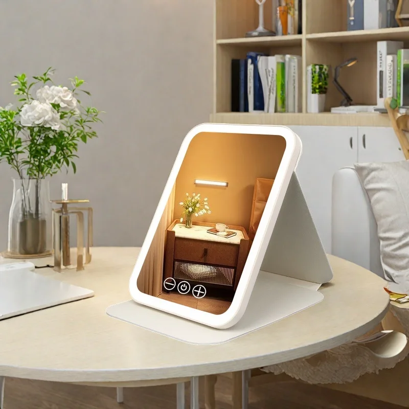 

Makeup mirror with lamp led portable desktop vertical dormitory home mirror pu leather mirror