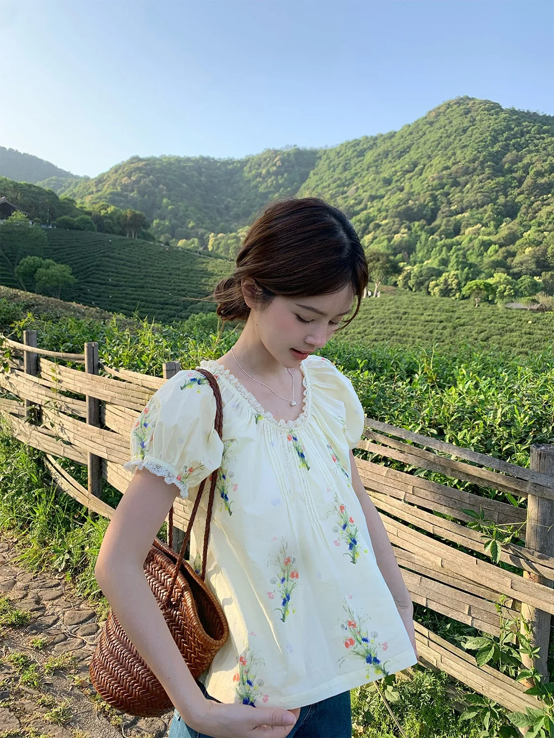 

Летний топ с цветочным принтом, короткими рукавами-фонариками и круглым вырезом, женский повседневный, 100% хлопок, дизайнерская модель