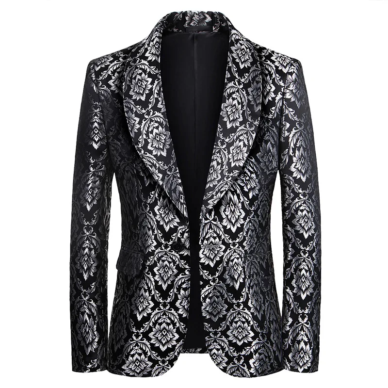 

KIDWHXR Blazer Men Flower Printed Single-breasted Slim Male Suit Coat Turn Down Collar Long Sleeve Breathable Man Outerwear