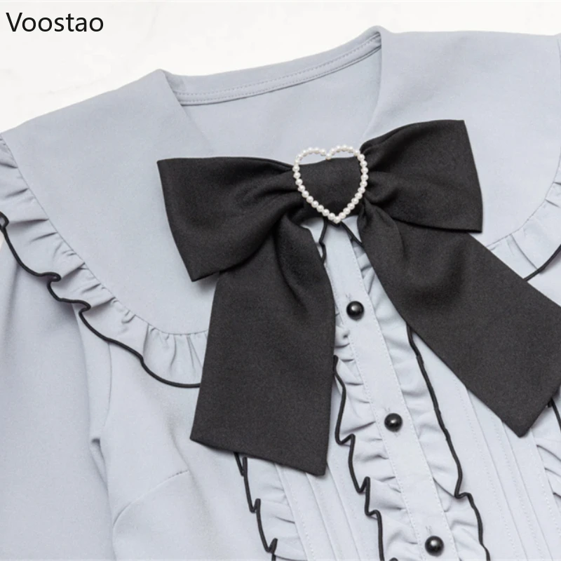 Autumn Kawaii Women Lolita Shirts Bow Hearts Buckle Blouse Y2k Japanese Elegant Puff Sleeve Sweet Tops Office Ladies JK Shirt