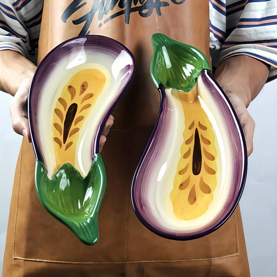 1 Frank Exhibition Inspired Ceramic Eggplant Plate Creative Purple Green Vegetable Shaped Plate, Fruits, Snacks, Etc. - Glossy