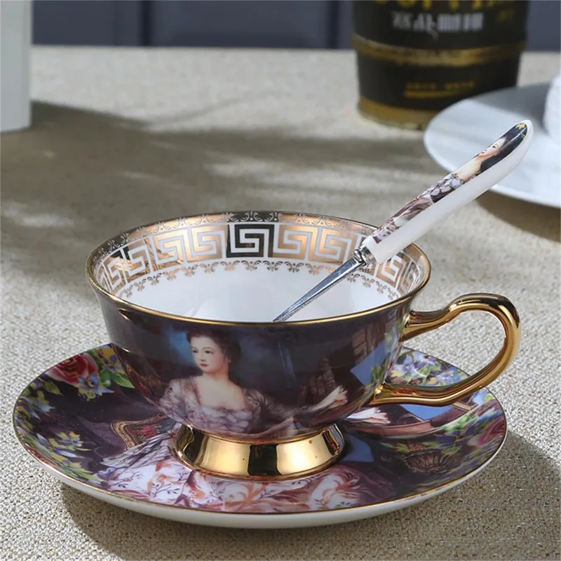 

European retro coffee cup and saucer set, featuring oil painting and gold detailing, elegant bone china, perfect for English aft