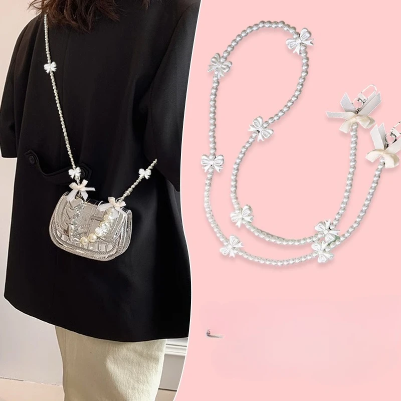 Bowknot اللؤلؤ حقيبة سلسلة الهاتف الحبل حقيبة يد مقابض محفظة استبدال طويل مطرز سلسلة الكتف الهاتف المحمول حقيبة الأشرطة حزام #1