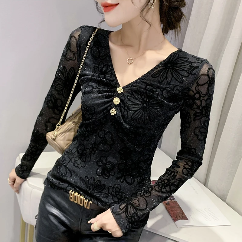 European,Clothes,T-Shirt,Chic,Sexy,V-neck,Draped,Flower,Pullover,Women,Tops,Long Sleeve,Bottoming Shirt,Tees,2026,New,6917004