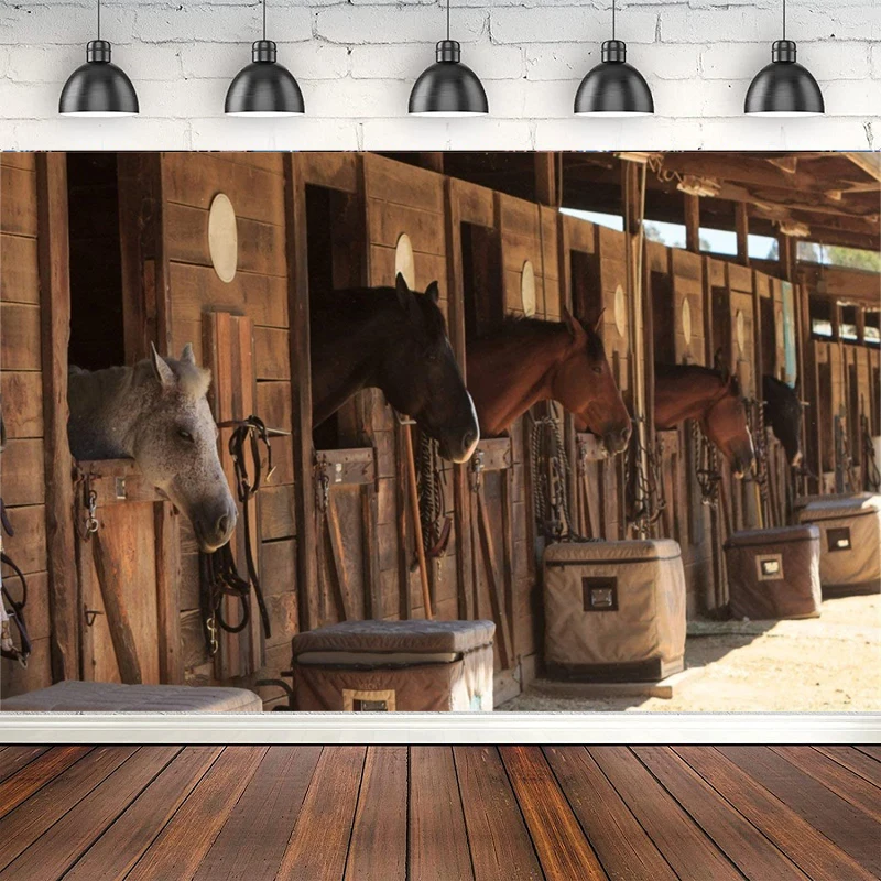 Stable Photography Backdrop Stud-Farm Horses Scene Farm Country Village Rustic Rural Theme Background Cowboy Portrait Banner