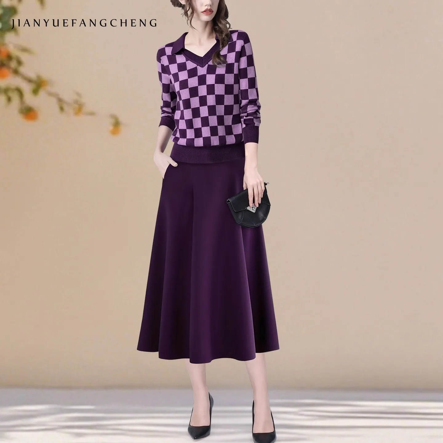 Women' Fall Winter New Purple Wool-like Knit Skirt Elastic Waist A-Line Swing Skirts Elegant Flowing Mid-length Skirts