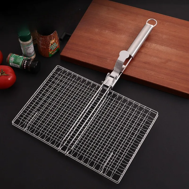 1SET Barbecue Net BBQ Mesh Handle Removable Stainless Steel Bold BBQ Clip Camping Barbecue Outdoor Tool Portable