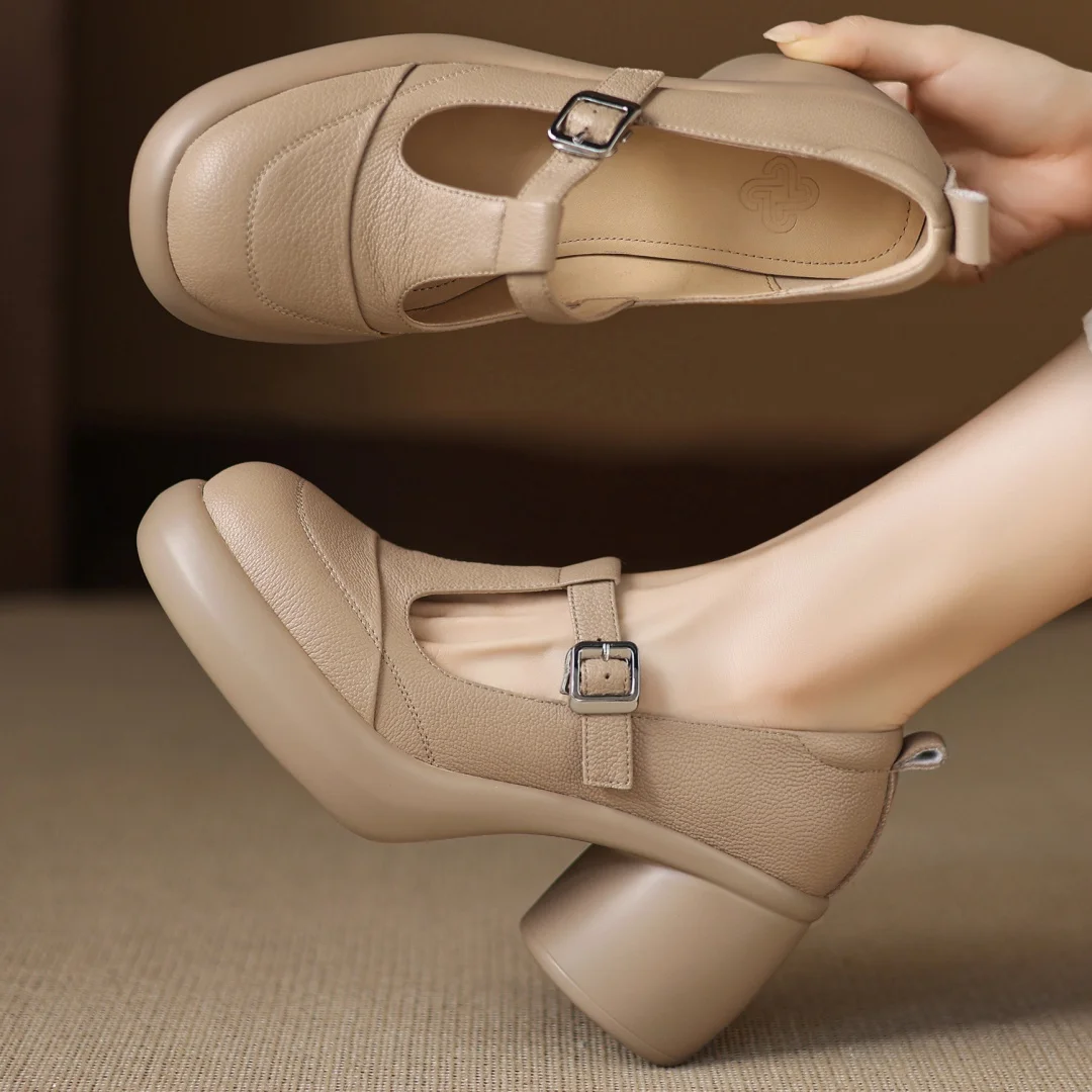 

Women's sheepskin narrow band t-strap slip-on pumps 7cm round chunky heel platform casual female daily heeled shoes for woman