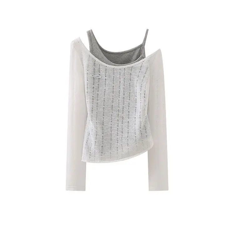 เสื้อกั๊กสองชิ้นปลอมฉีกขาดไม่สม่ำเสมอถักแขนยาวผู้หญิงนิชบริสุทธิ์อเนกประสงค์สไตล์ฤดูใบไม้ร่วง