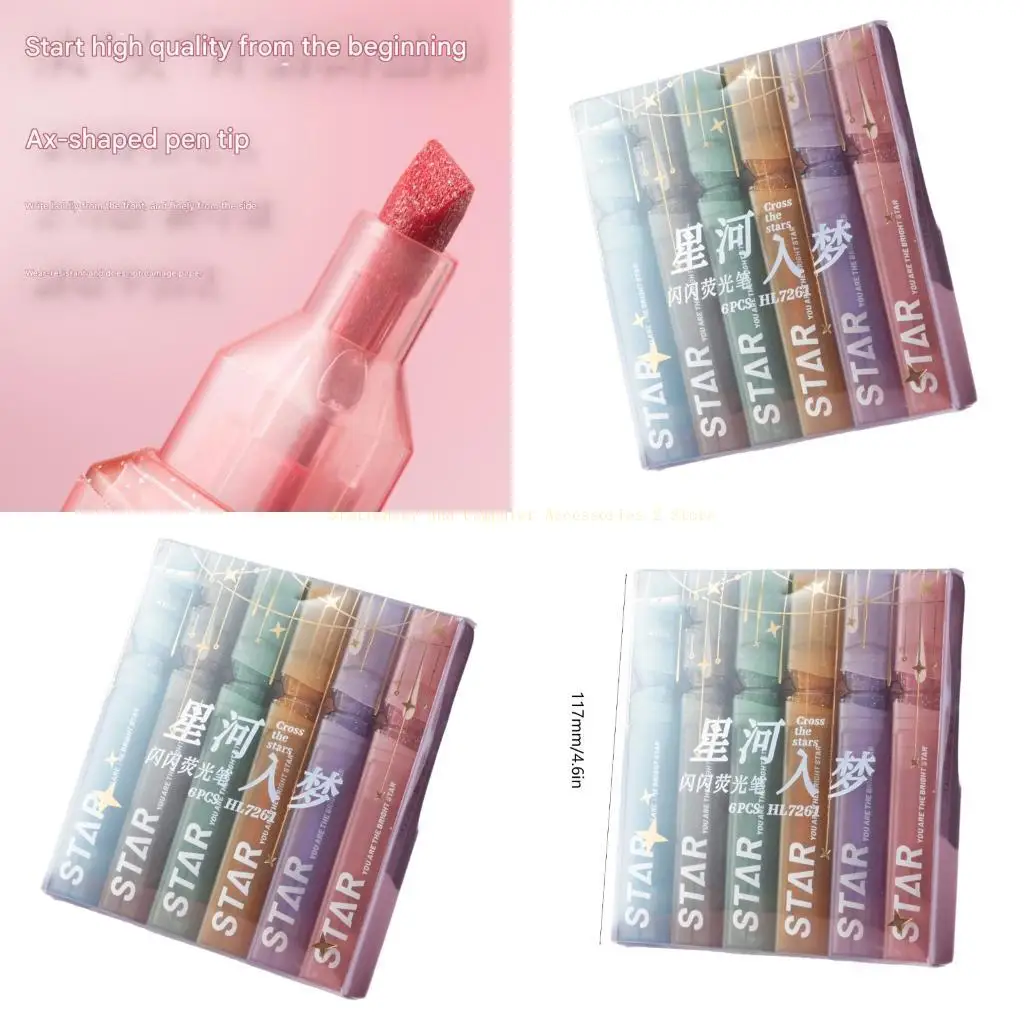 6 Color Smooth Writing Highlighters Eye Comfort Student Office Organization Tool
