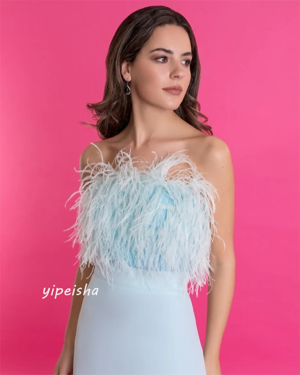 Customized Jersey Feathers Draped Quinceanera A-line Strapless Bespoke Occasion Gown Long Dresses