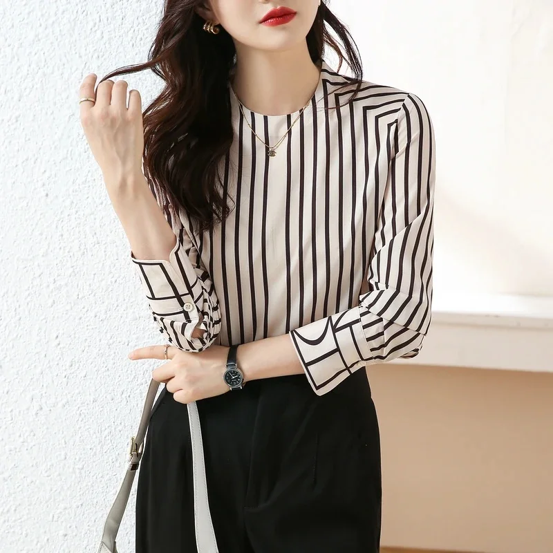 Stripe Print Women Blouse Fashion O-Neck Long Sleeve Vintage Tops Office Lady Elegant Shirt Casual Loose Clothing