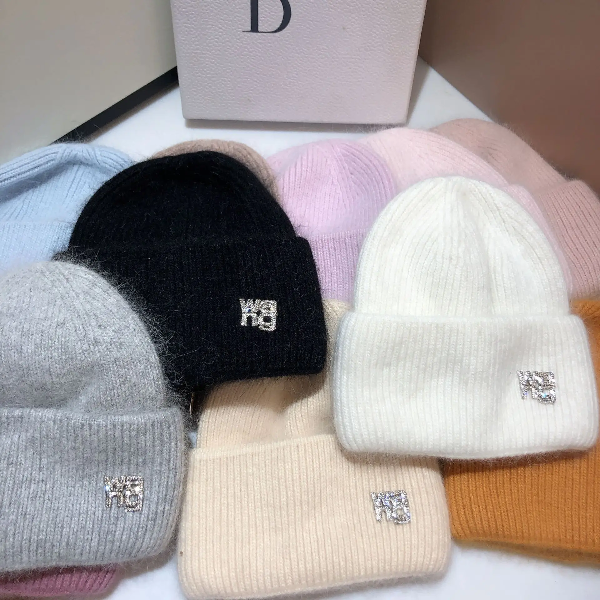 

Winter soft waxy rabbit hair knitting hat thickened upgrade double fold brim pullover hat Korean wool hat