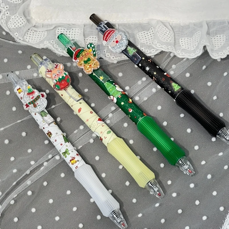 4PCS Cute Xmas Quick‑Dry Gel Pen Cartoon Santa Elk Snowman Pendant Retractable Pen Student School Party Gift Supplies