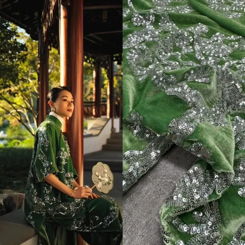 Gaoding New Green Bottom Silk Velvet Silver Pine Machine Embroidery Fabric Top Suit Fabric