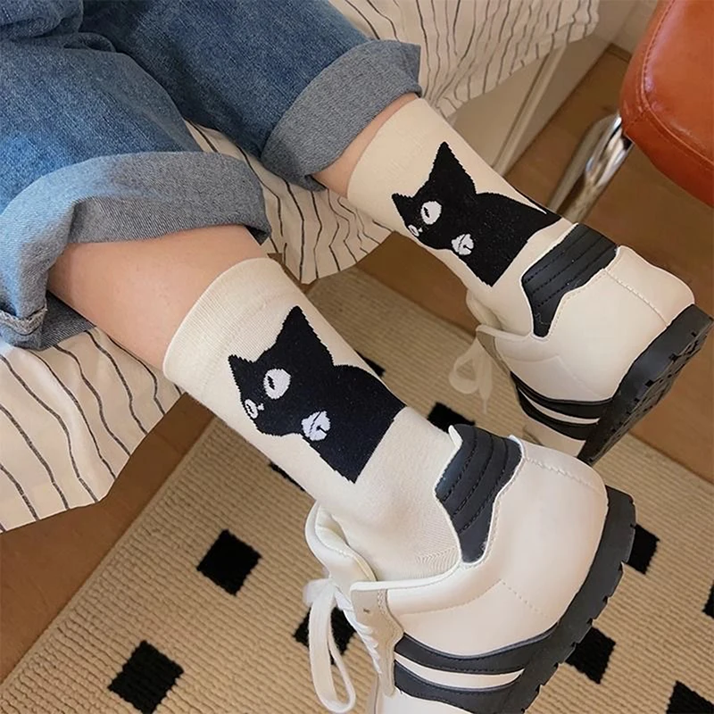 Cartoon Cute Cat Color Matching Polyester Cotton Socks Mid-tube Socks Breathable Sweat Absorption Sports Sock Sweet Student Sock