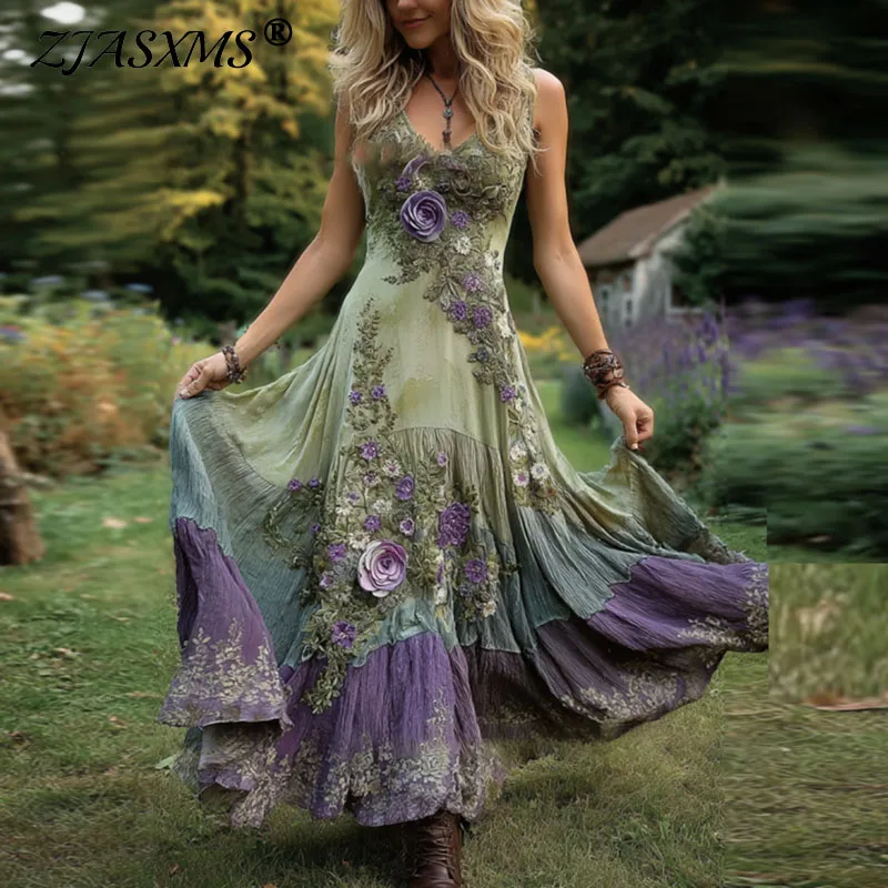 Sexy Hohl Tiefem V-ausschnitt Böhmischen Urlaub Kleid Frühling Retro Blume Drucken Swing Frau Kleider Sommer Ärmellose Strap Maxi Kleid