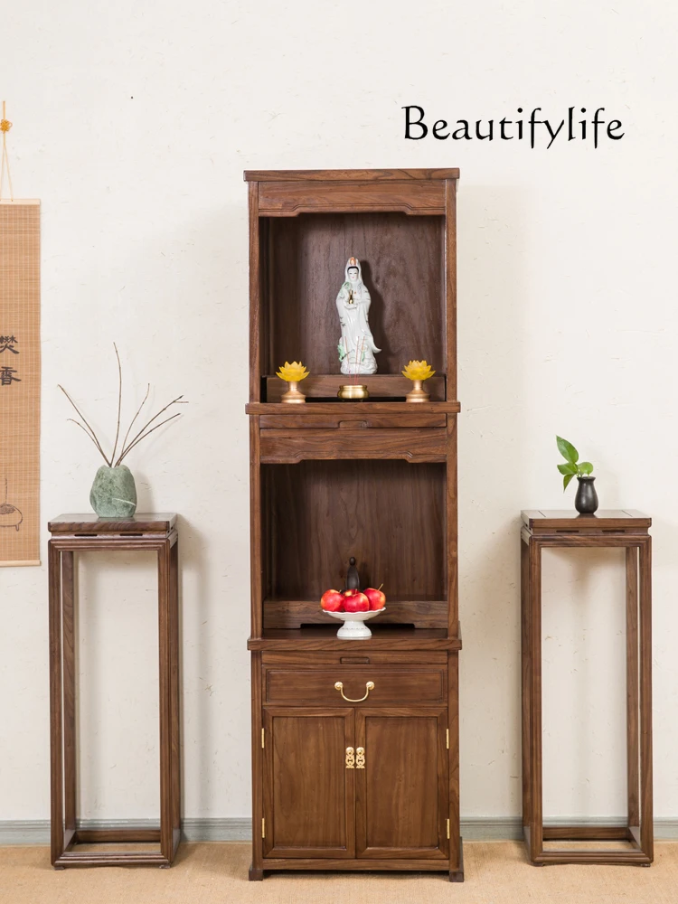 Black Walnut Solid Wood Buddha Niche Clothes Closet New Chinese Modern Double-Layer God of Wealth Guanyin Worship Cabinet