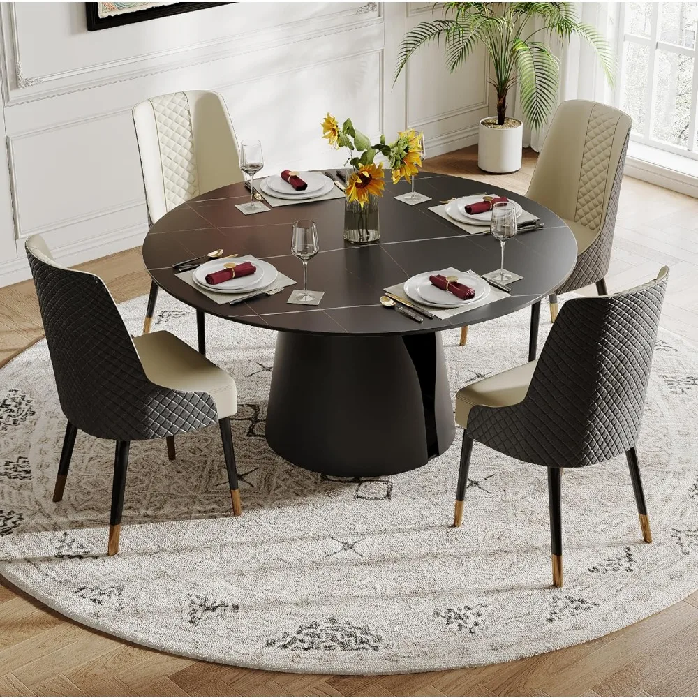 6-person modern round dining table,marble dining table 60 inch dining table,matte black burnt stone countertop,carbon steel base