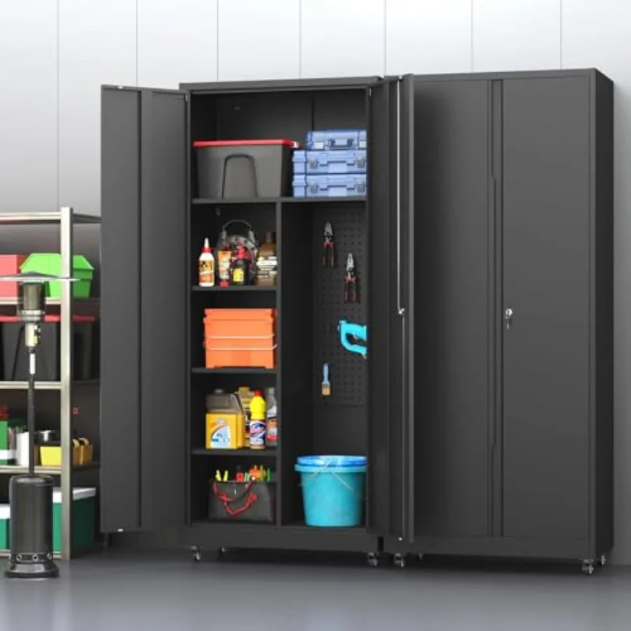 Metal Garage Storage Cabinet with 2 Doors, Adjustable Rolling Tool Storage Cabinet with Lock, 71