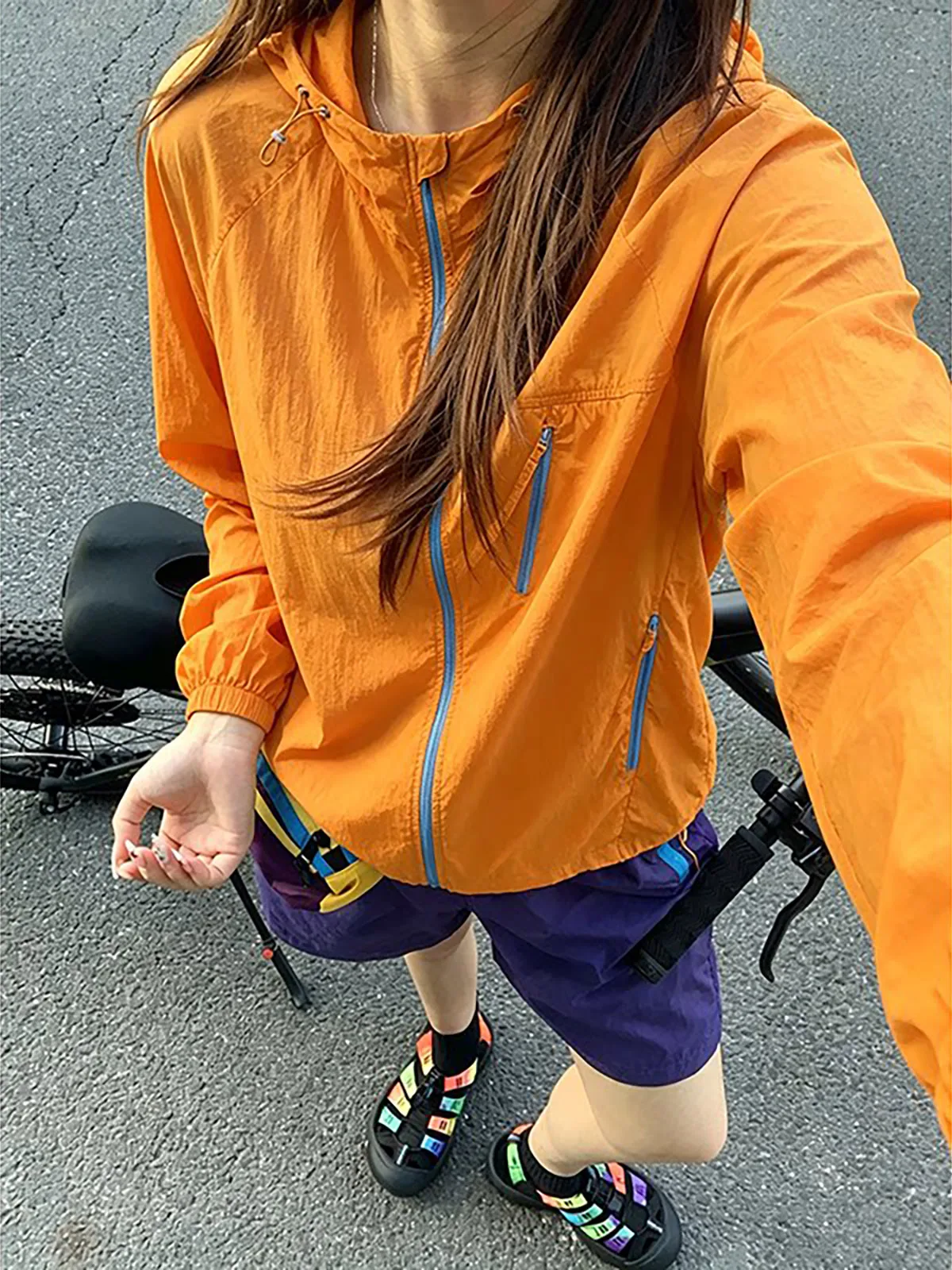 Dopamine Orange Outdoor Cycling Jacket Men's Lightweight Quick Dry Hooded Sun Protection Sporty Style Casual Fashion