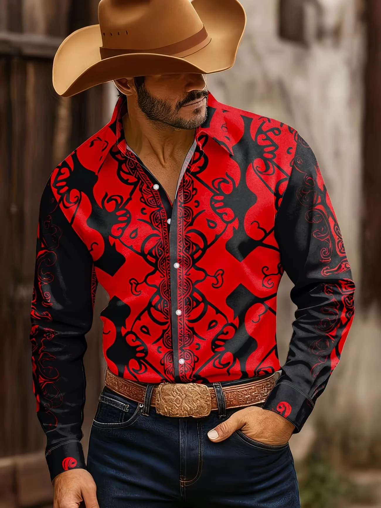 

New Red and Black Horde Totem Printed Men's Long Sleeve Shirt Western Cowboy Style Retro Casual Flower Shirt