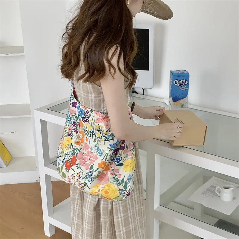 

Floral Canvas Tote Bag Cotton Zipper Women's Crossbody Bag Sli Retro Korean Soft Handle Floral Print Casual oulder Bag