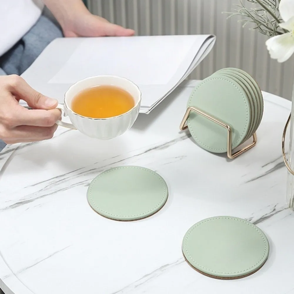 

Waterproof PU Leather Cork Coaster Holder Set Tabletop Protection Drink Cup Mat Spill-proof Non Slip Coffee Mug Cushions Desk