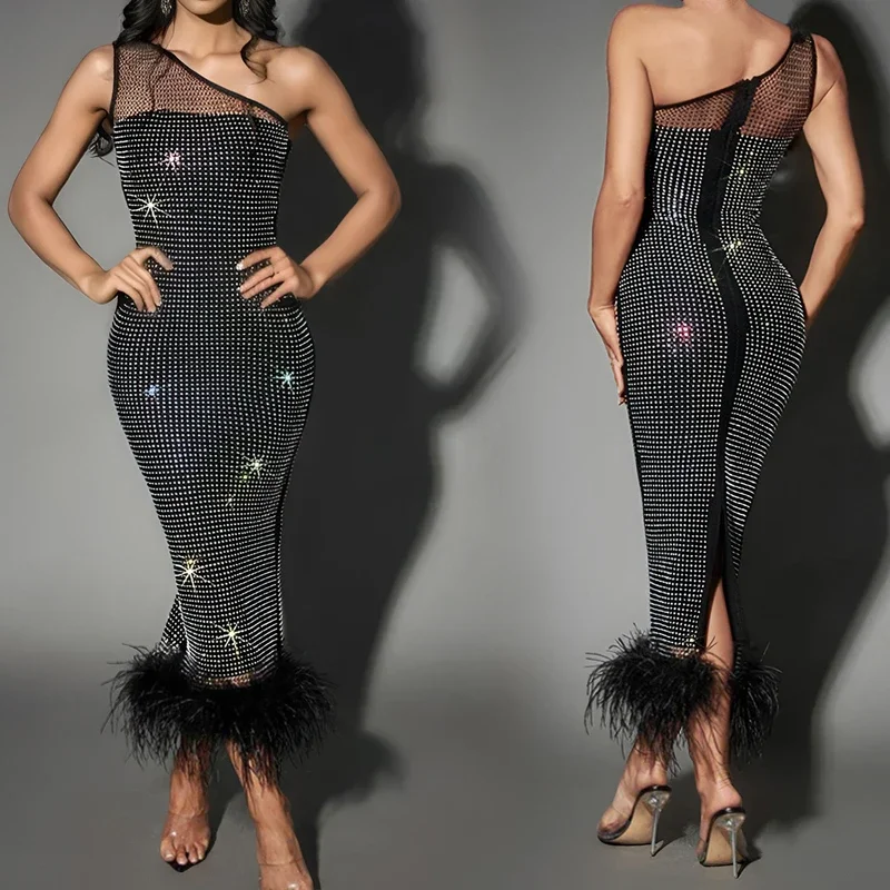 Sexy Women Evening Dresses One Shoulder Fashion Feather Bandage Long Dress Mesh Diamond Ladies Elegant Party Cocktail Prom Dress