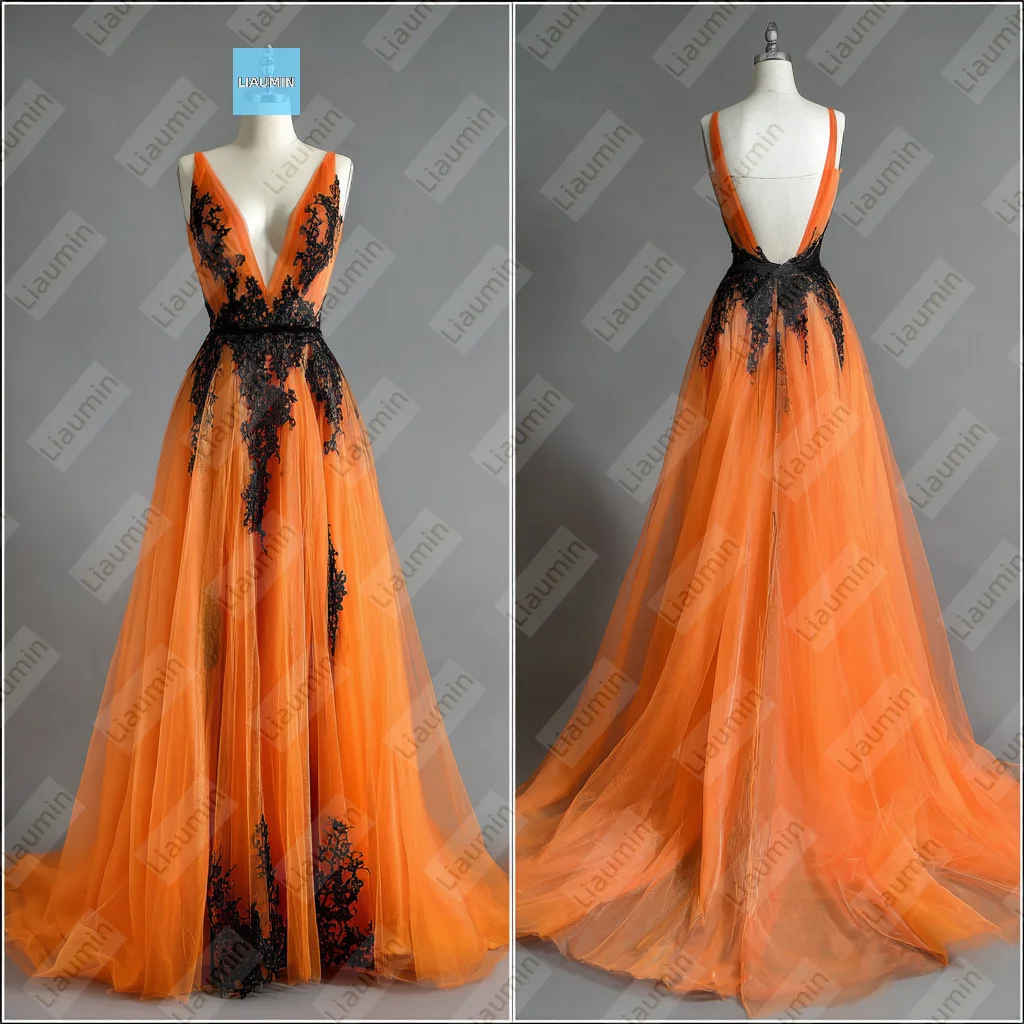 

Orange Tulle With Black Lace Applique V Neck Backless Long Prom Wedding Formal Dress For Evening Customized Hand Made A7-1.11