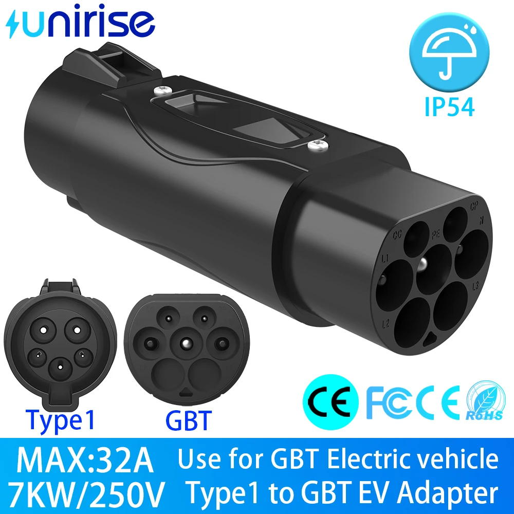 Unirise 7kw Type1 to GBT EV Charging Adapter 32A EVSE Connector Charger j1772 Type 1 to GB/T Converter For Electric Vehicle BYD