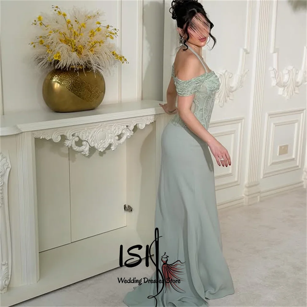 Vestido de Noche Formal para Mujer, Estilo Sirena, Personalizado por ISI, con Hombros Descubiertos, en Chifón Verde, Vestidos de Fiesta ﻿