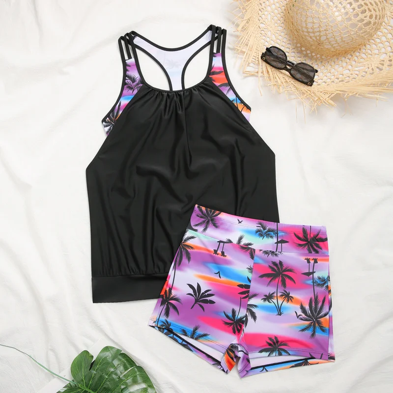 JEWELRY SEN Women 2‑Piece Tankini Swimsuit Loose Blouson Top Double Straps Tropical Palm Print Boyshort Bottom Summer Beach Bath