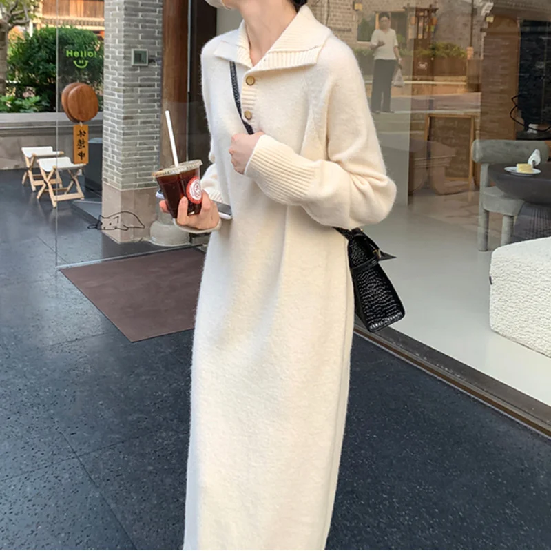 

Korean Style New Women'S Sweater Fashion Knitted Dress Button Lapel Loose Long Inner Pullover Sweater Dress