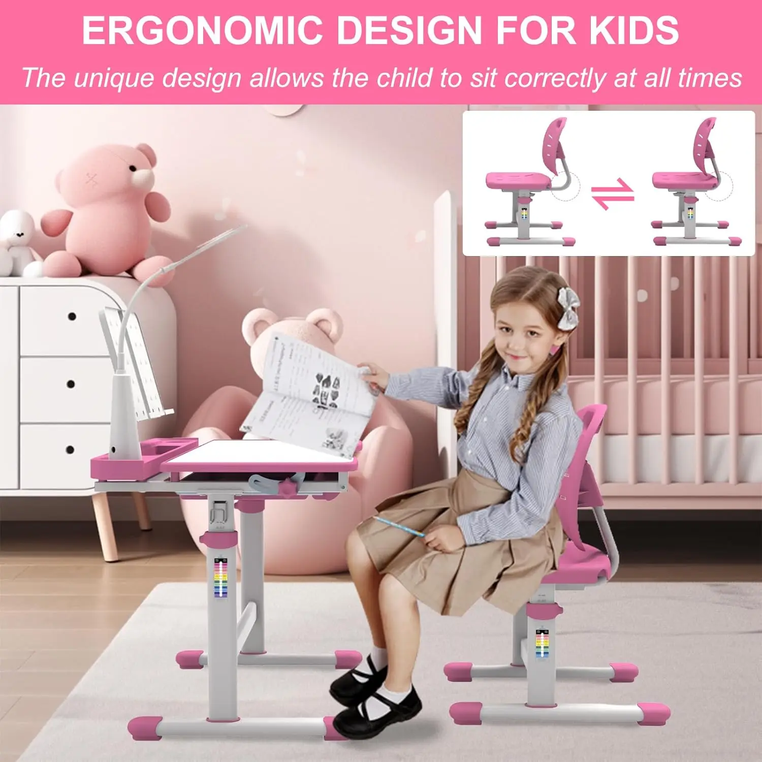 Kids Desk and Chair Set 5-8 Years Multi Functional Kids School Desk Ergonomic Kids Study Desk with 40 Degree Tiltable Desktop, C